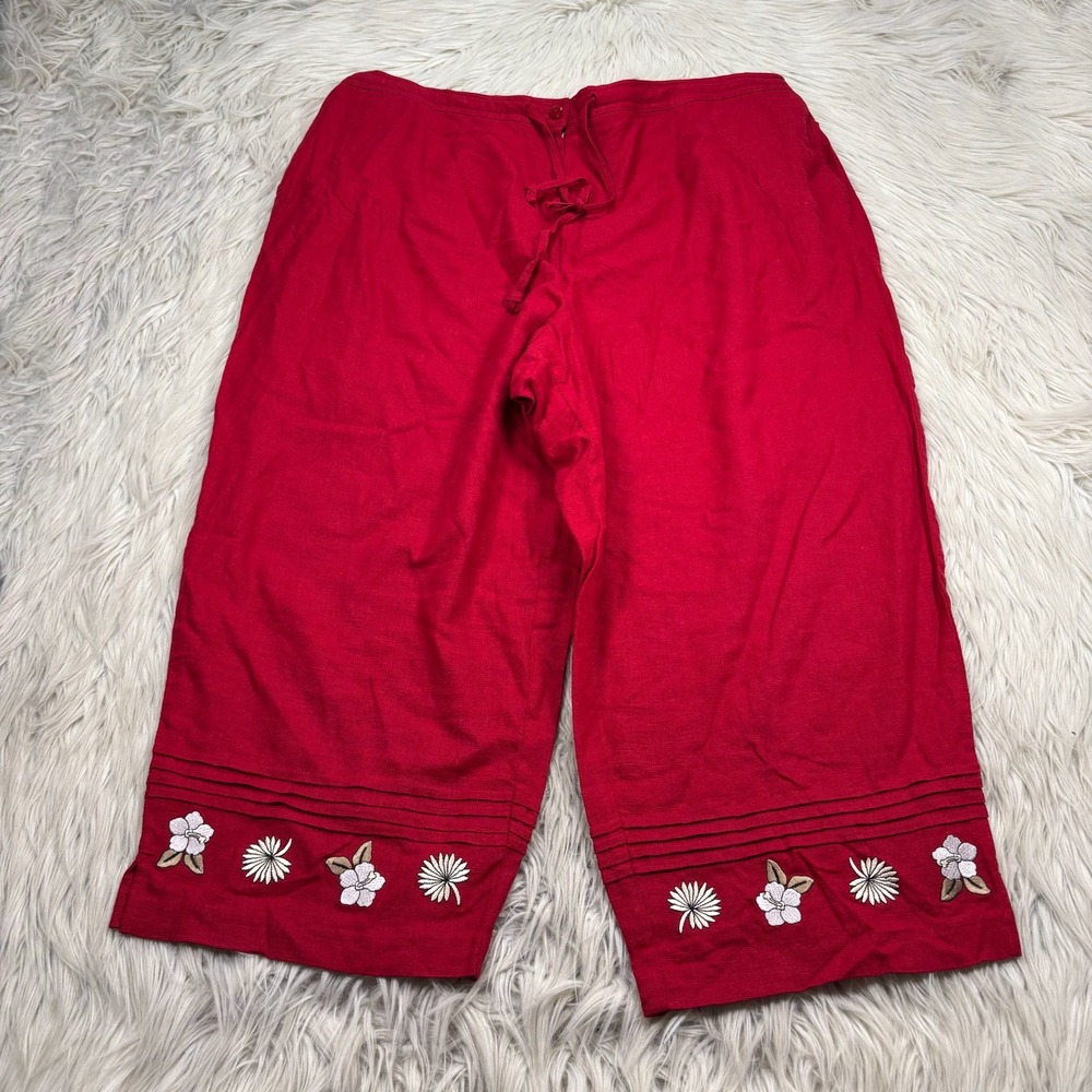 Sag Harbor Women's 20W Red Linen Blend Floral‎ Embroidered Capri Pant Lagenlook
